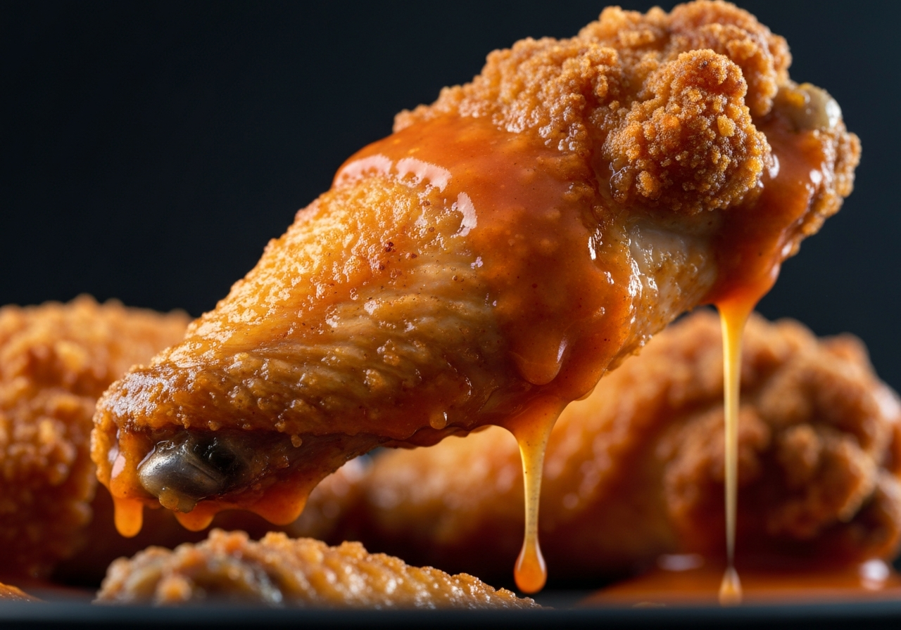 Close-up crispy air fryer chicken wing dripping with buffalo sauce