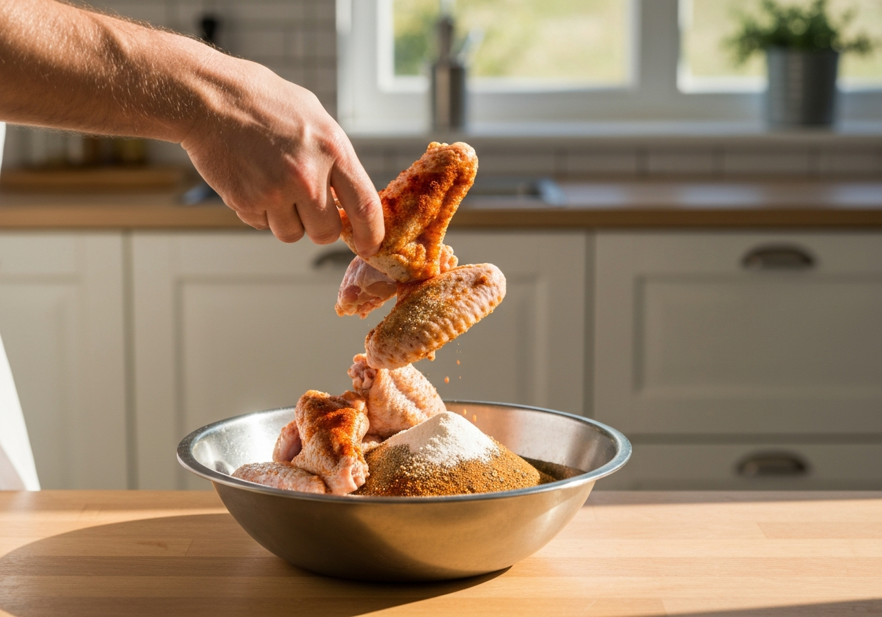 Chicken wings being seasoned with baking powder and spices