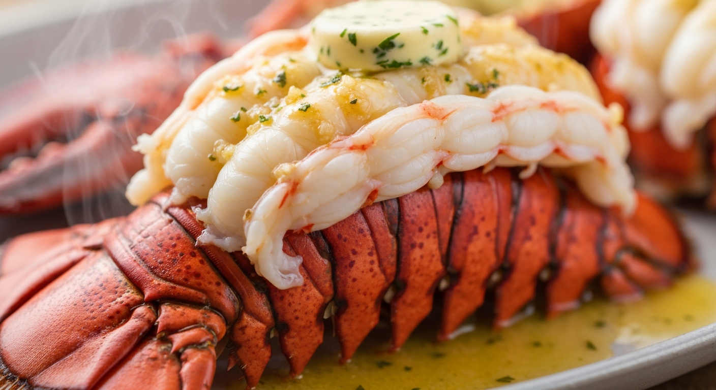 Close-up of cooked lobster tail with melted garlic butter drizzled over
