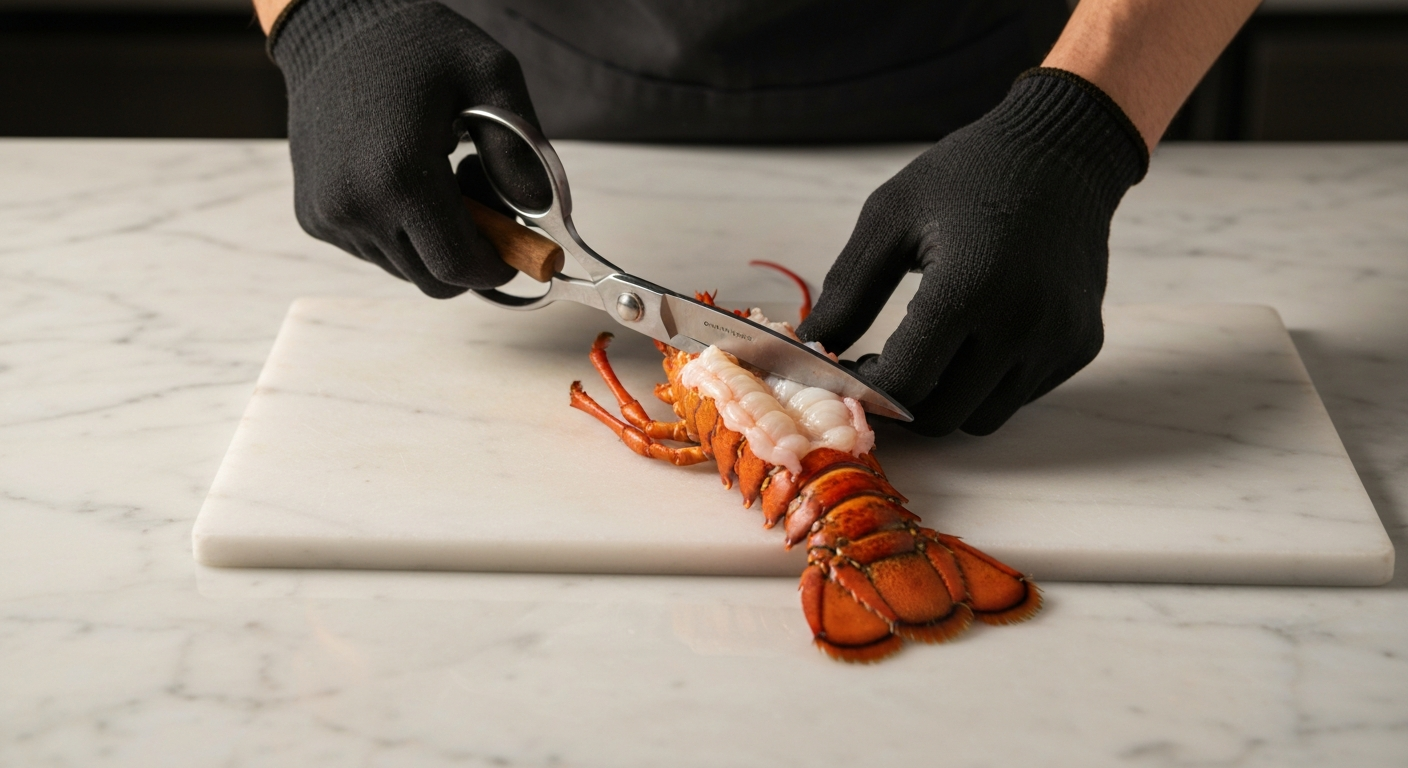 Lobster tail being butterflied and prepared with garlic butter