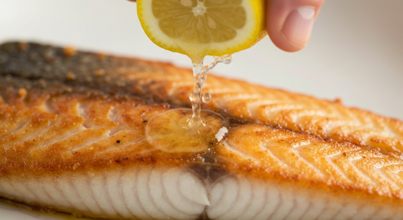 Close-up of crispy golden fish fillet showing texture with lemon squeeze