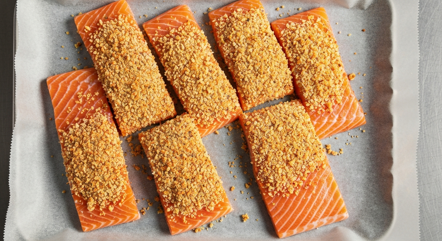 Fish fillets being coated with herb breadcrumb mixture