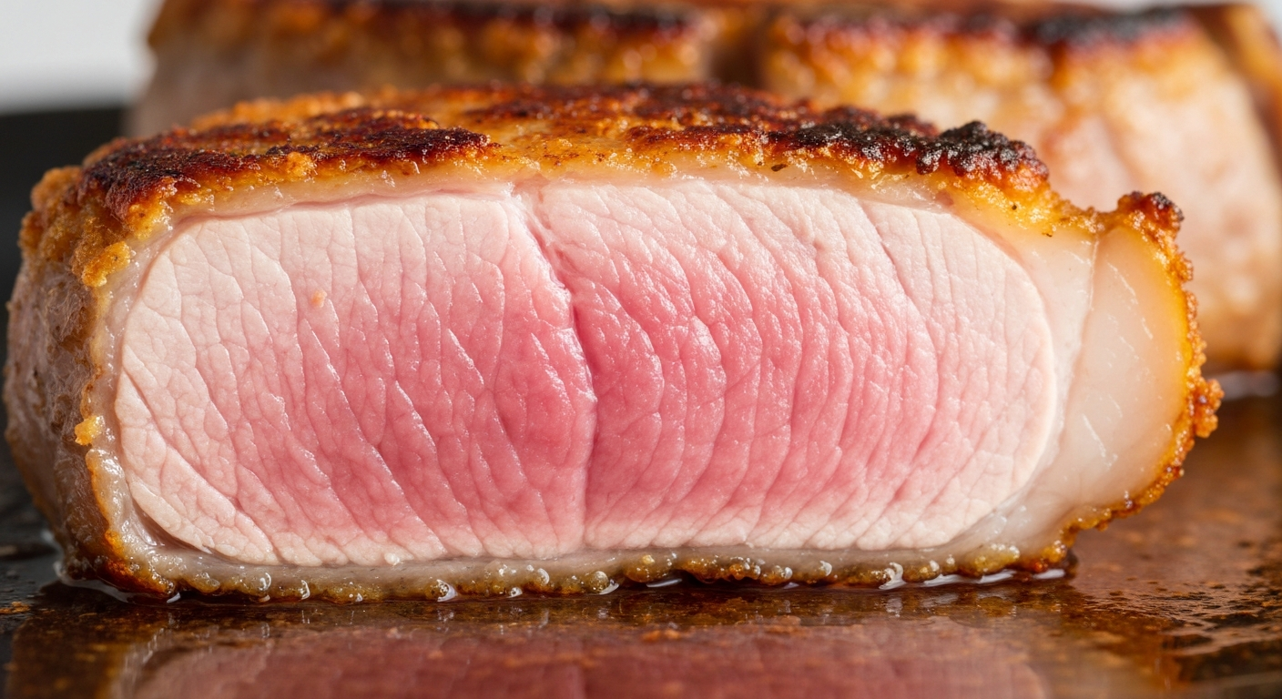 Cross-section of juicy pork chop showing tender inside and crispy crust