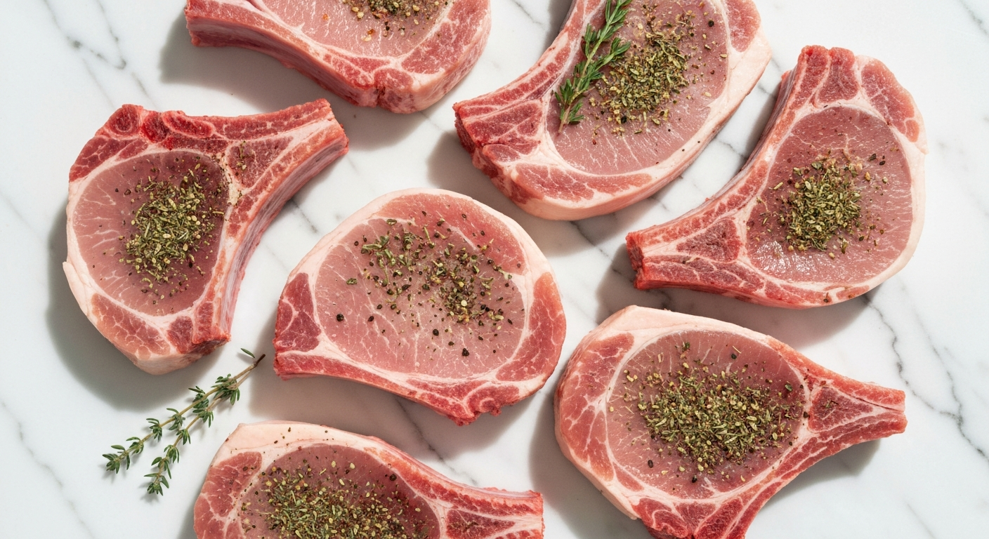 Pork chops being seasoned with herbs and spices