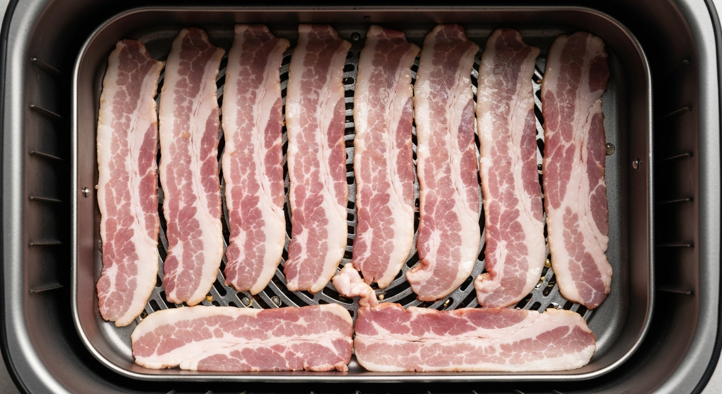 Raw bacon strips laid in air fryer basket