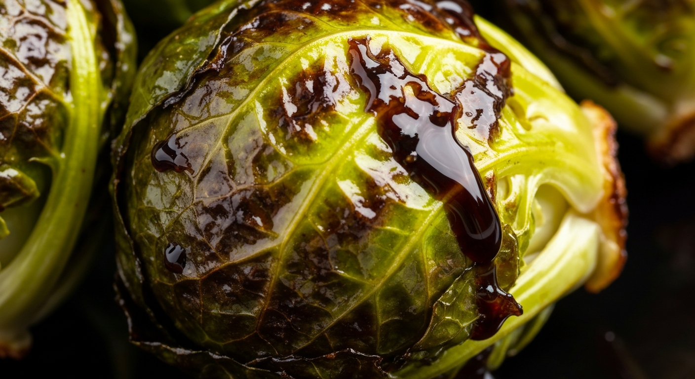 Close-up of charred crispy Brussels sprout leaves with balsamic drizzle