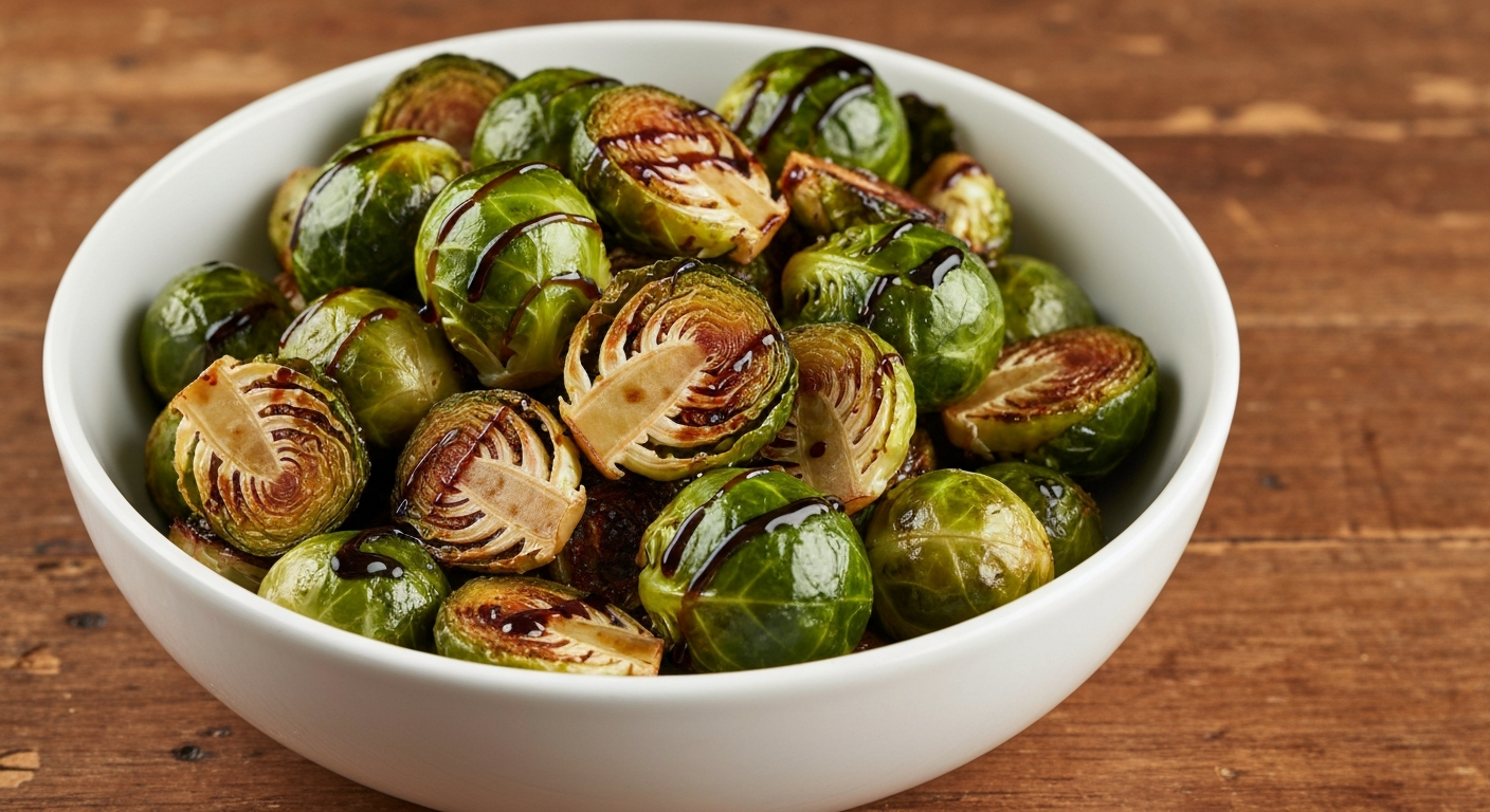 Crispy Brussels sprouts with balsamic glaze in a bowl
