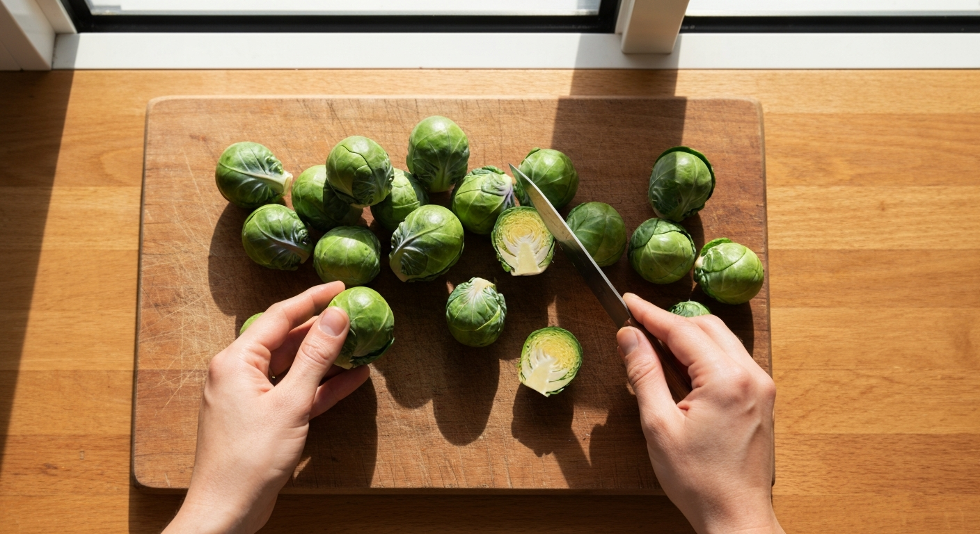 Brussels sprouts being halved and prepared for air frying