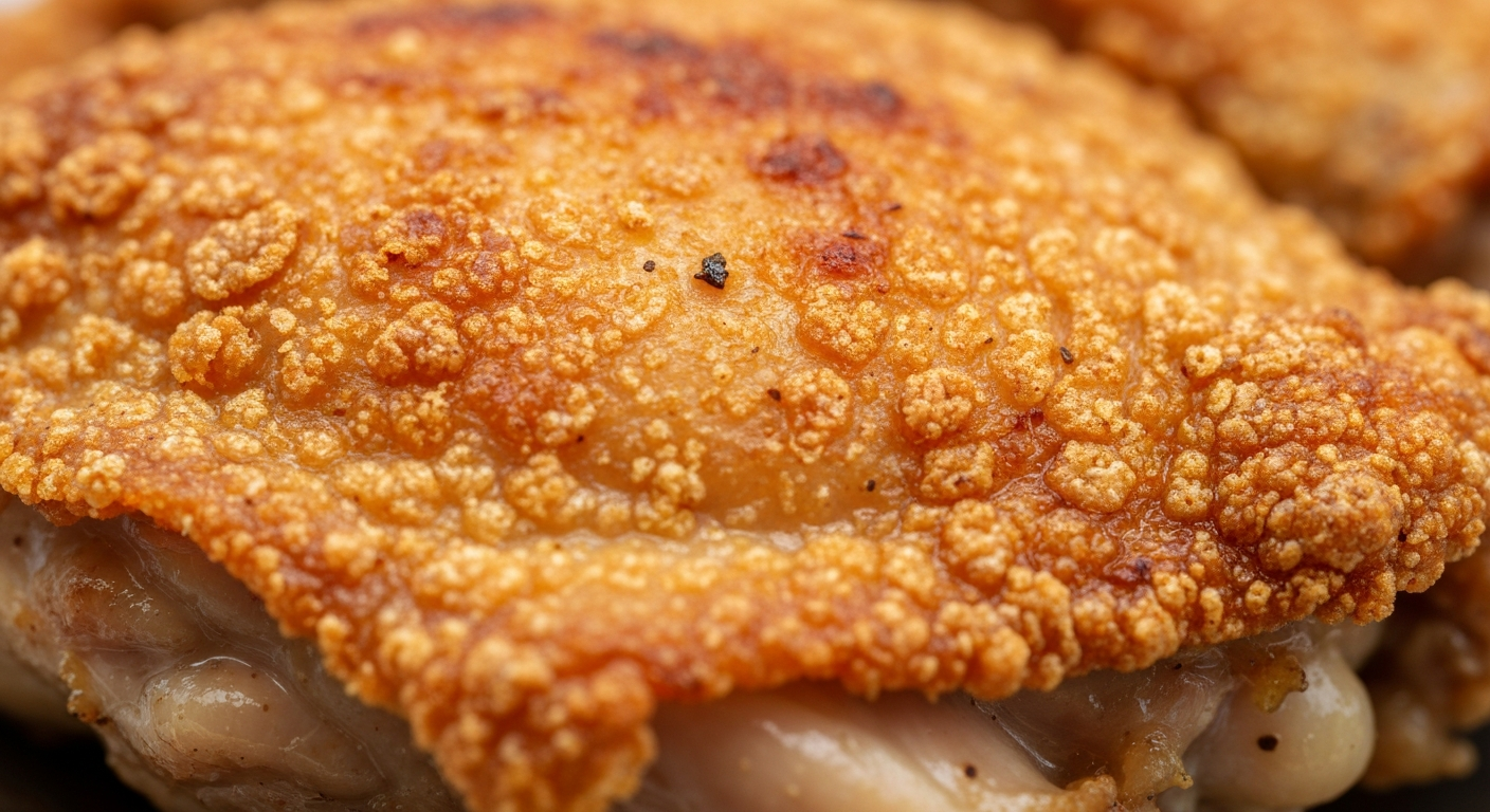 Close-up of the crispy skin on air fryer chicken thighs