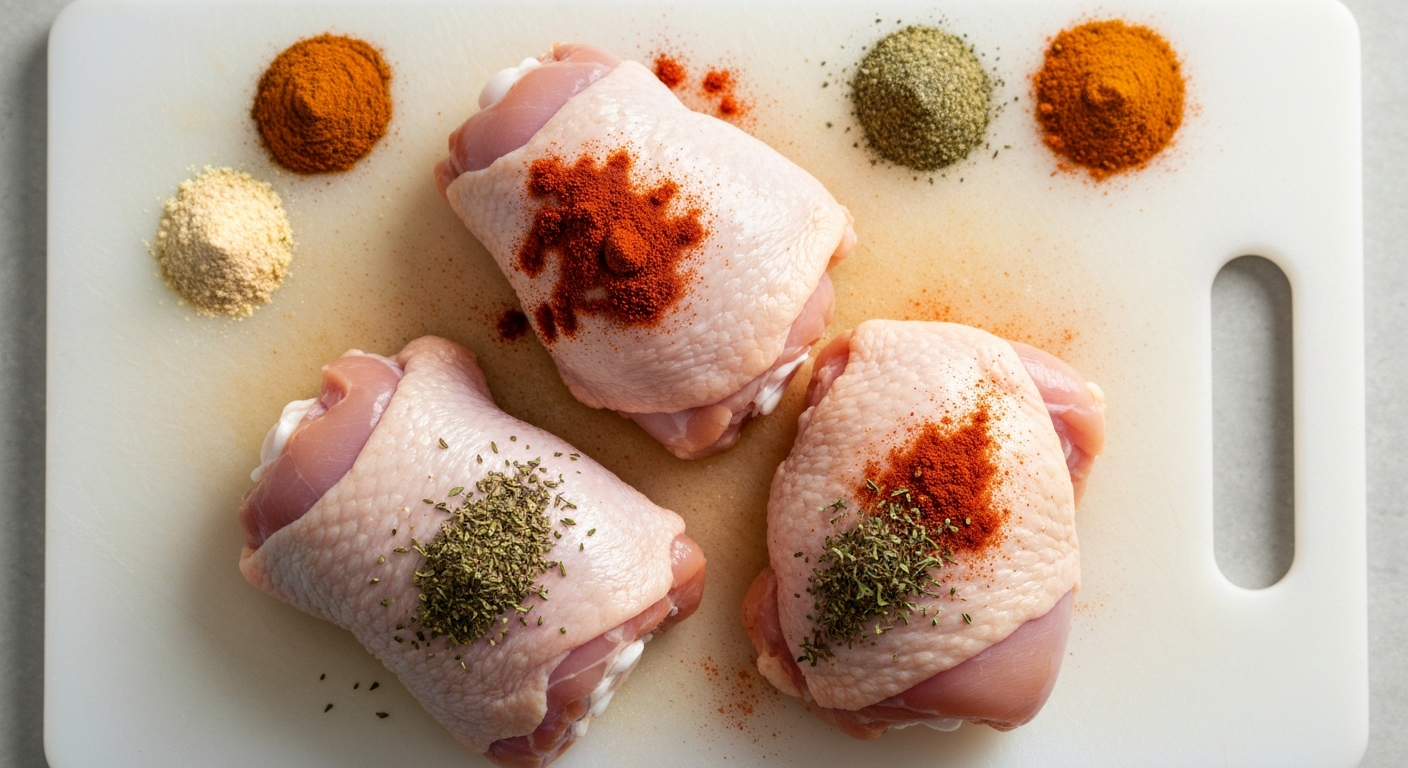 Seasoning being rubbed onto chicken thighs