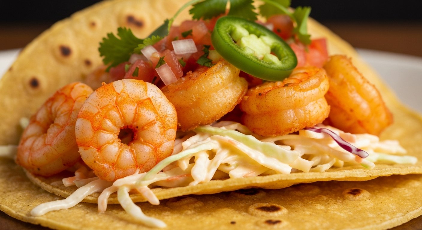 Close-up of taco filled with crispy shrimp, creamy slaw and fresh salsa