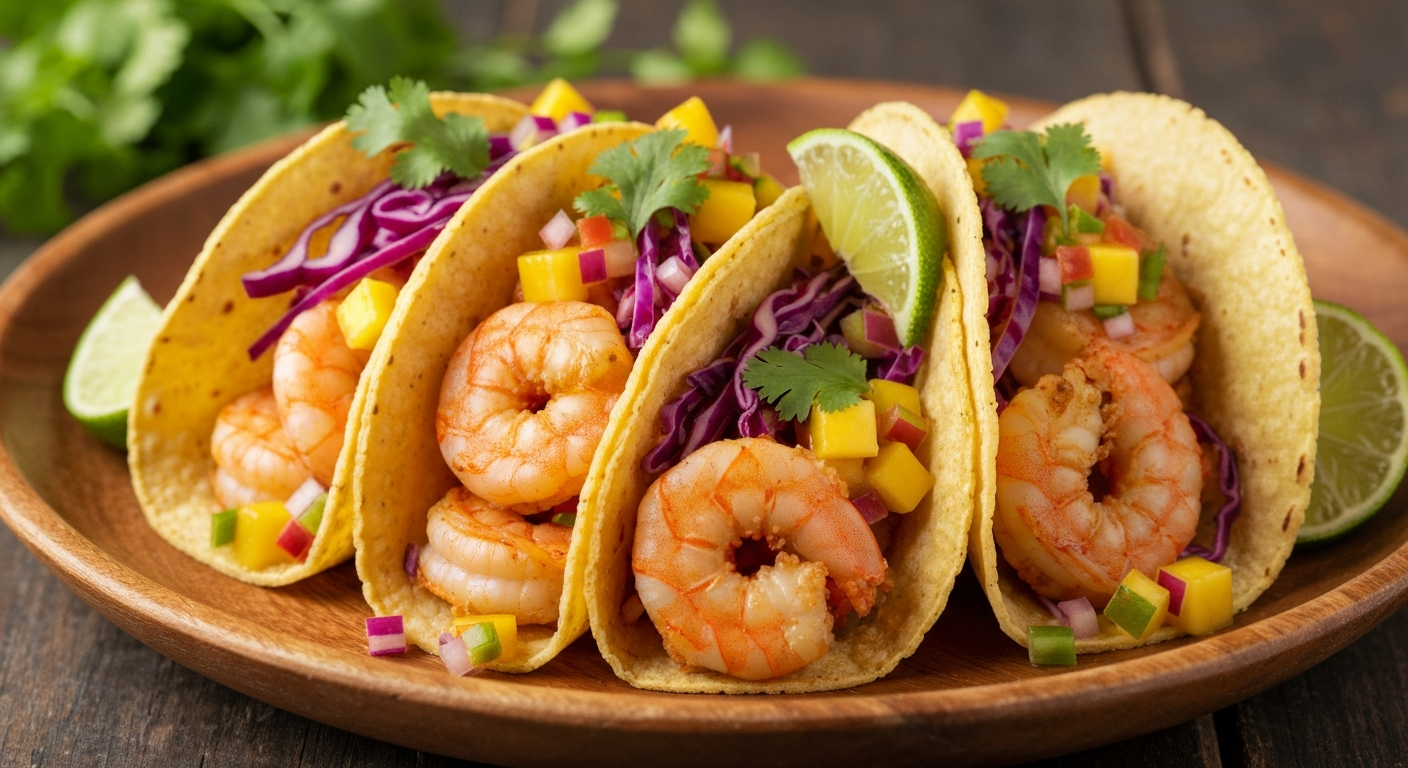 Beautiful crispy air fryer shrimp tacos with colorful toppings