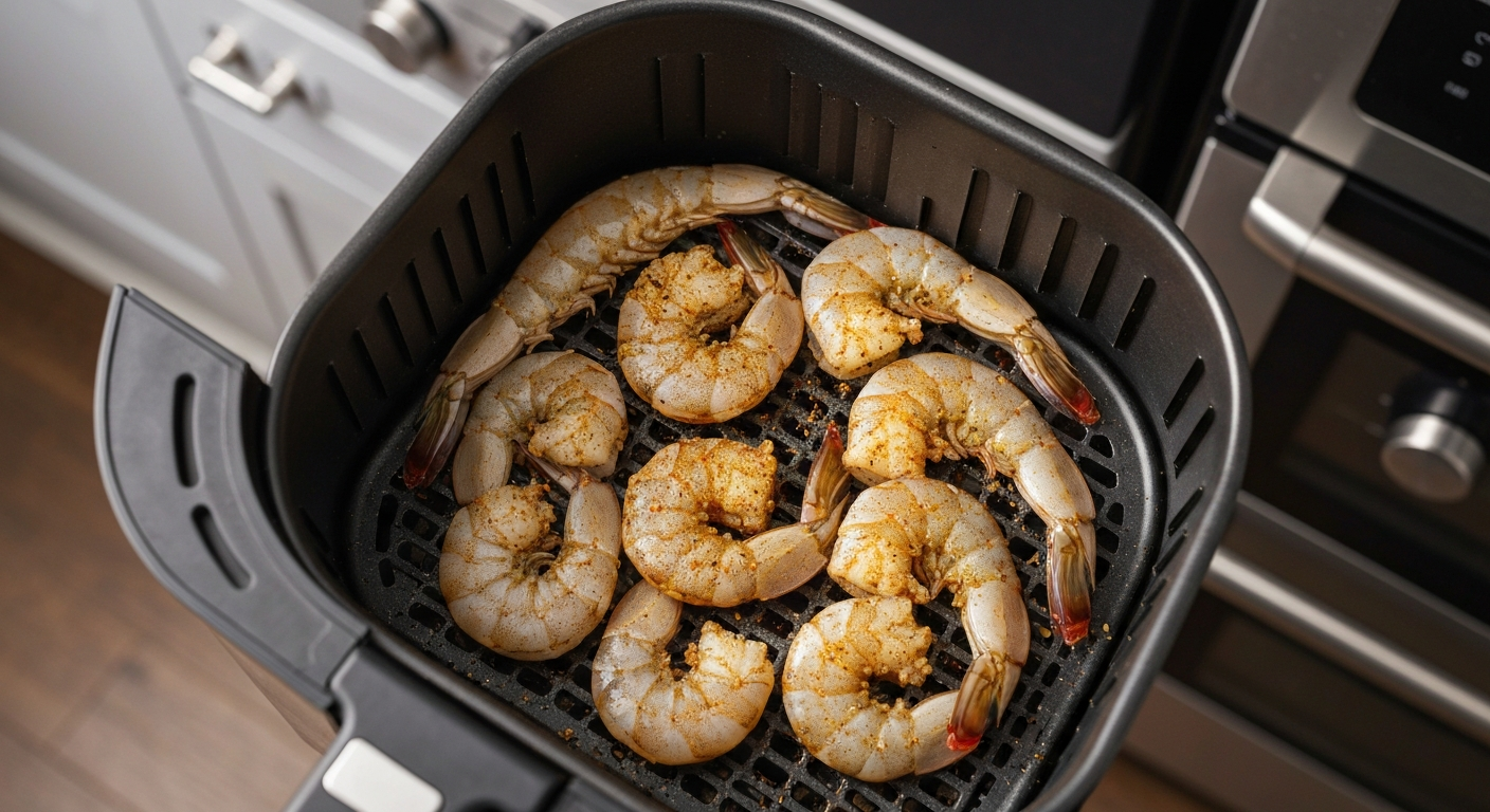 Seasoned shrimp in air fryer basket ready to cook