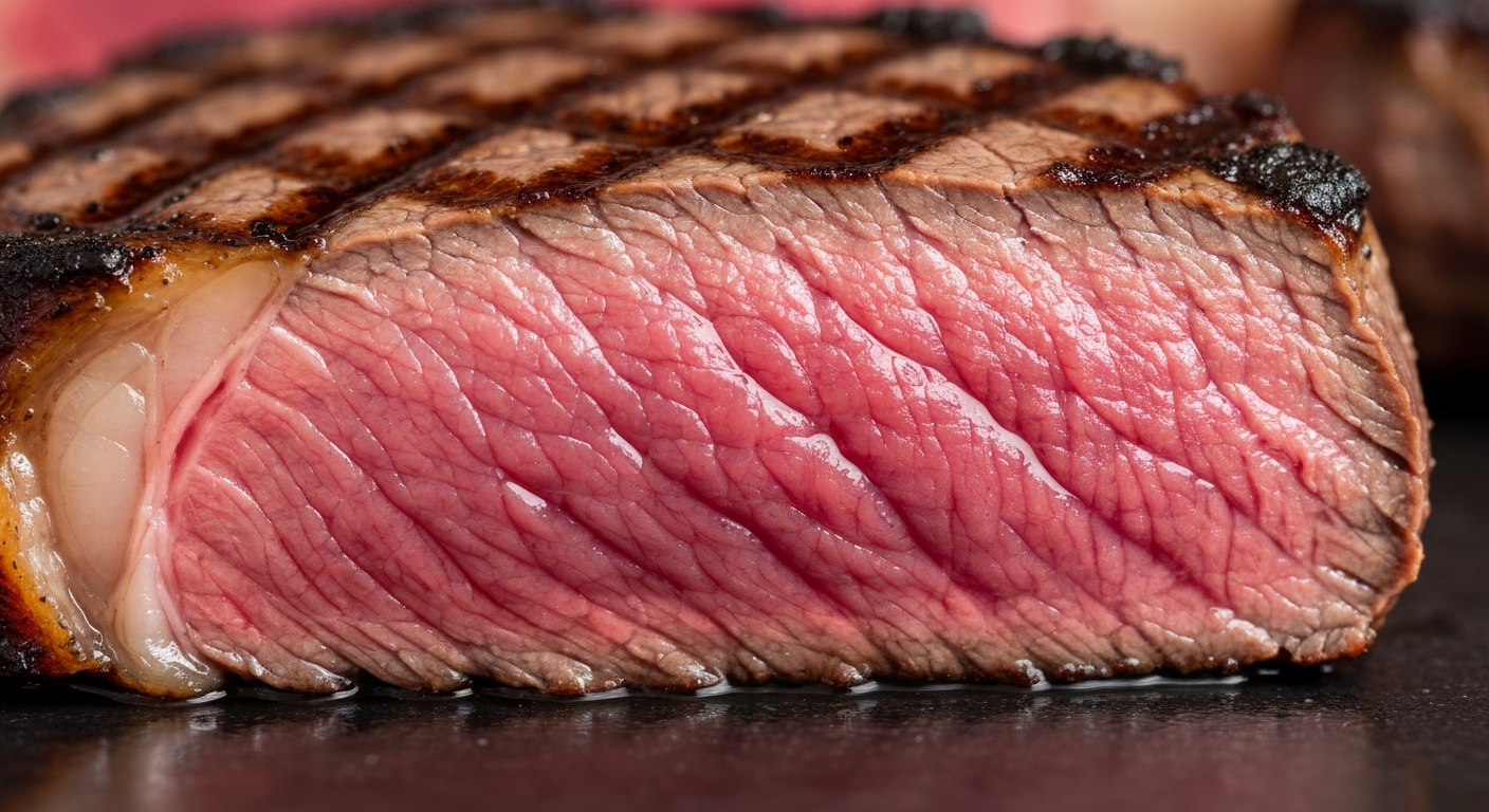 Close-up cross-section of air fryer steak showing perfect medium-rare center