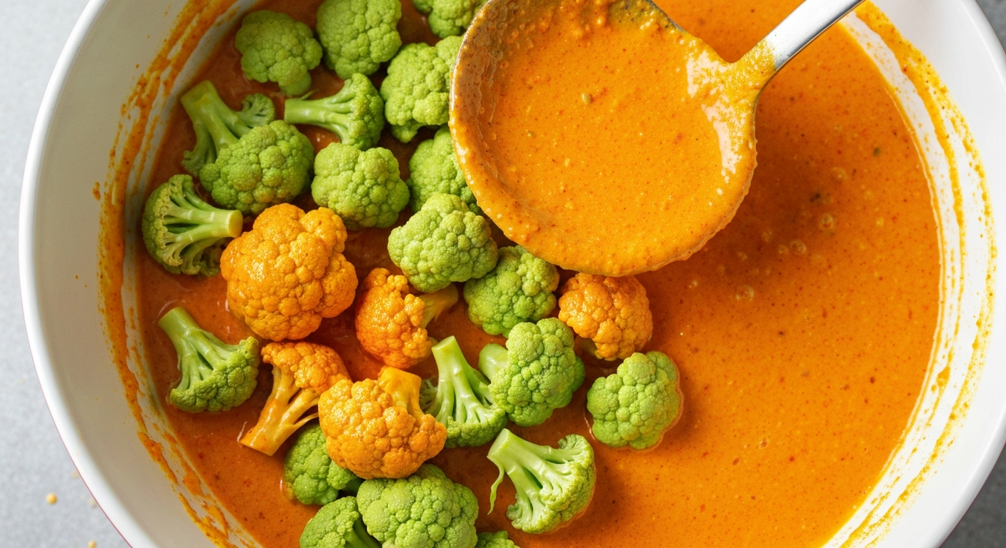 Cauliflower florets being coated in buffalo batter