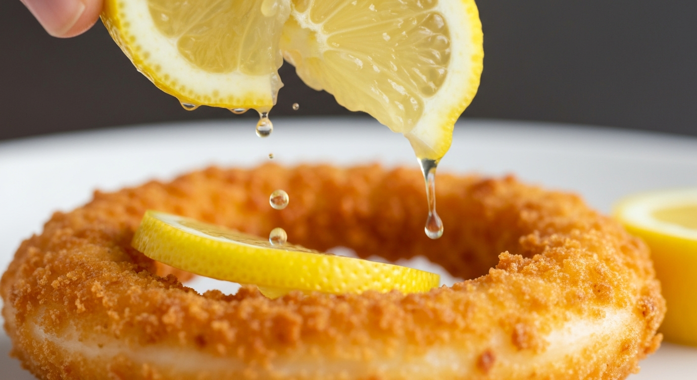 Close-up of crispy golden calamari ring with lemon squeeze