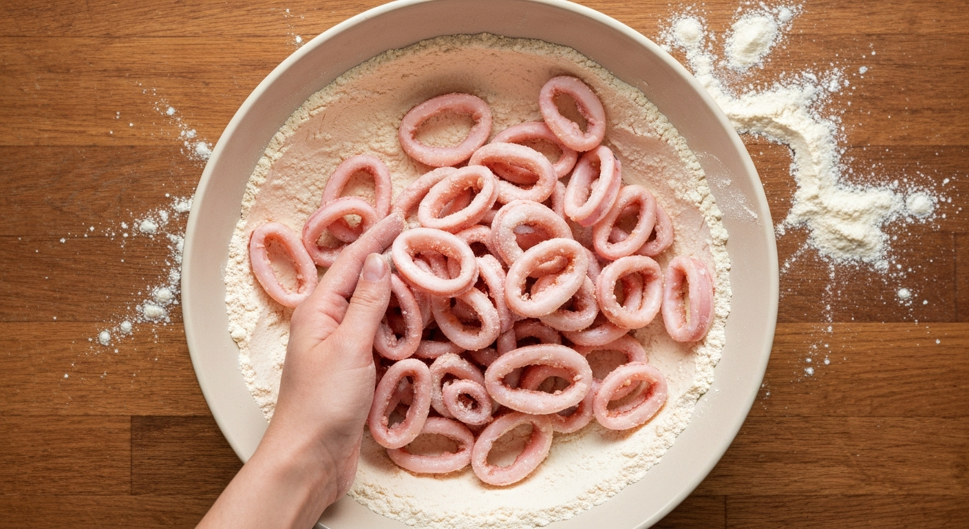 Squid rings being coated in seasoned flour for frying