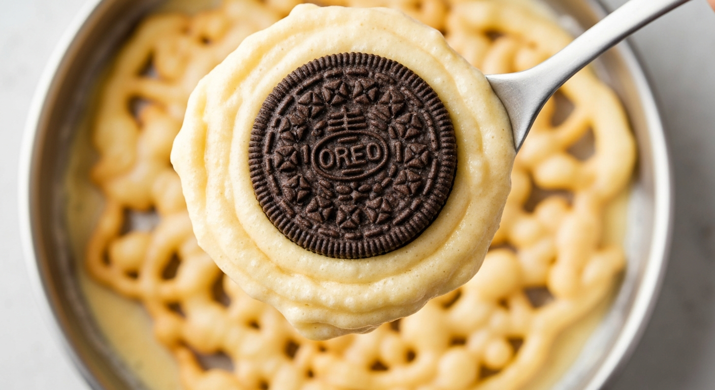 Oreos being dipped into funnel cake batter