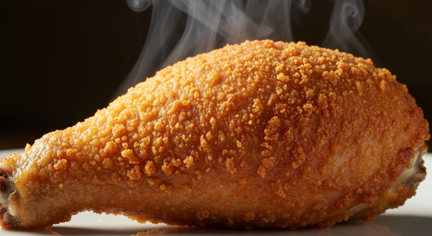Close-up of crispy fried chicken drumstick crust