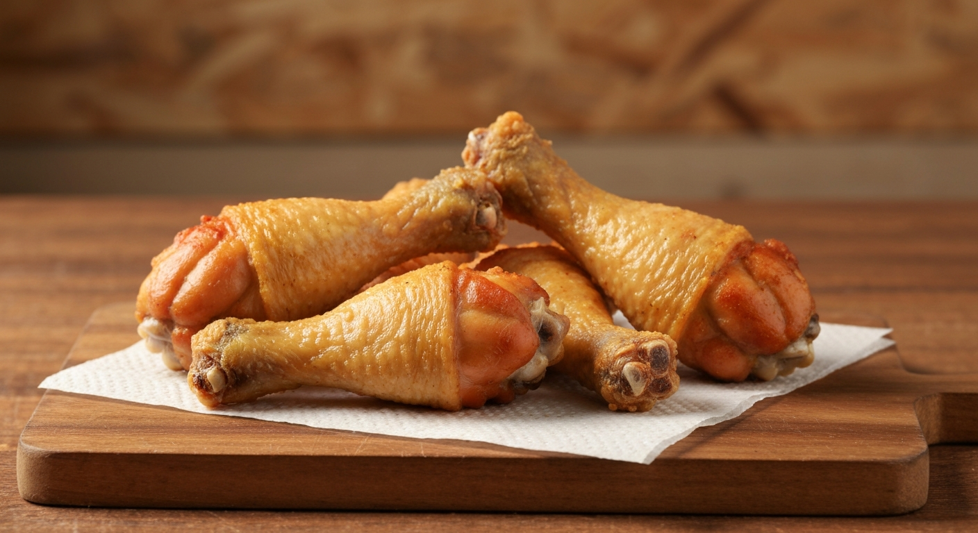 Crispy golden fried chicken drumsticks on a wooden board