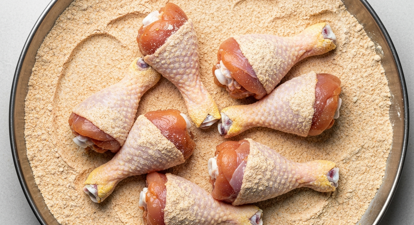 Drumsticks being coated in seasoned flour mixture