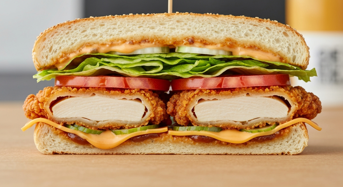 Cross-section of crispy fried chicken sandwich showing layers