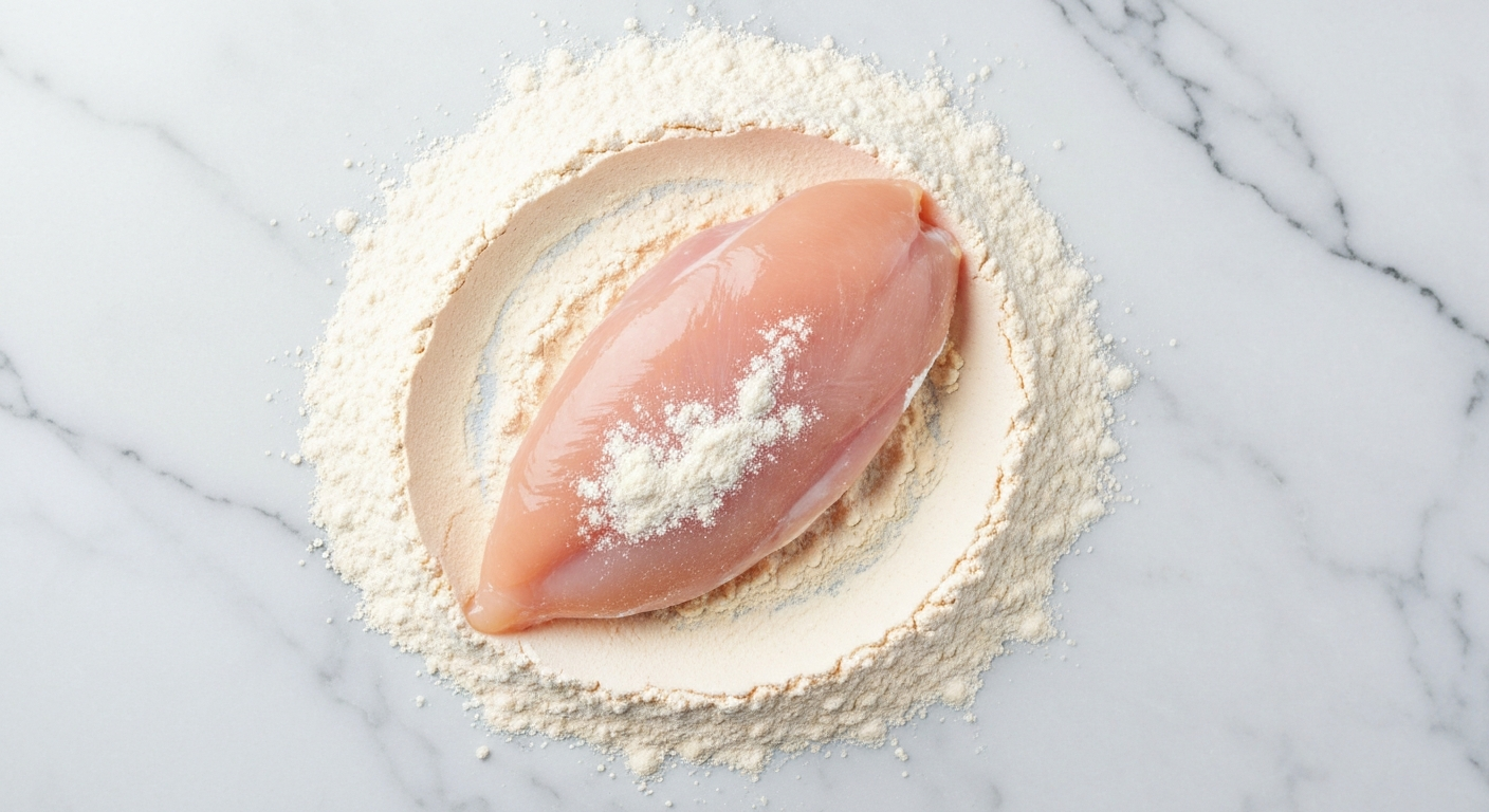 Thick chicken breast being pressed into seasoned flour for the sandwich