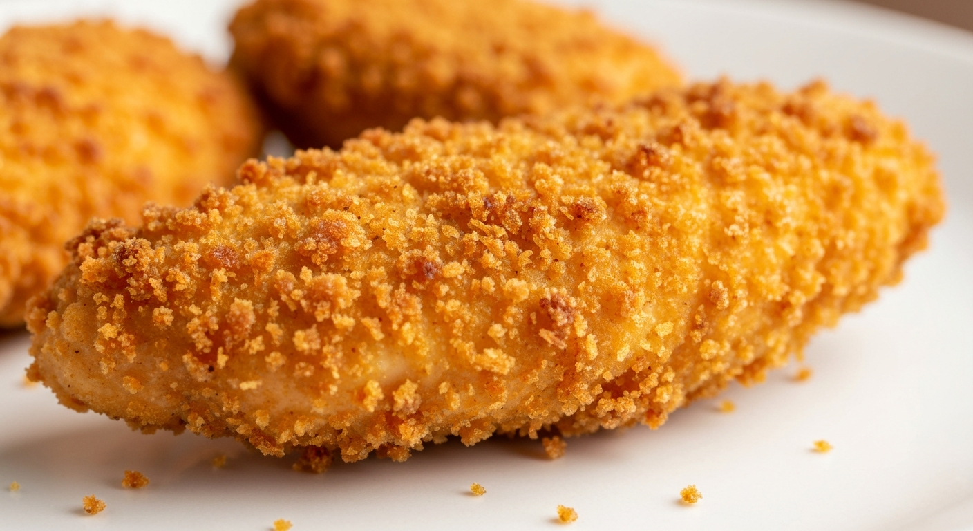 Close-up of chicken tender showing ultra-crispy panko crust