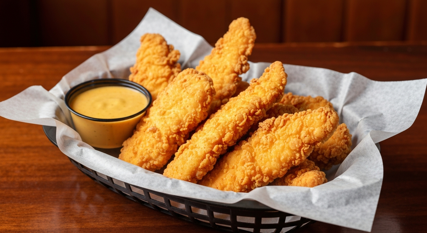 Golden crispy chicken tenders piled in a basket with dipping sauce