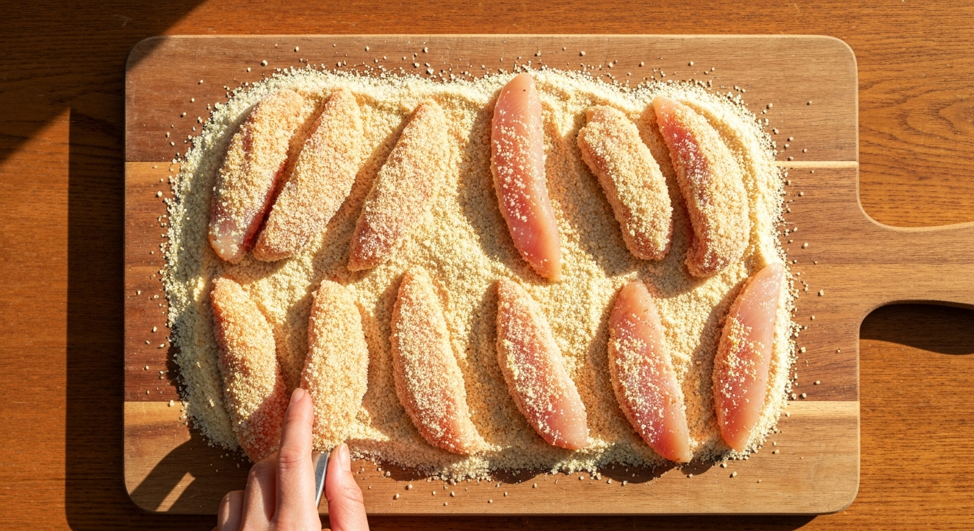 Chicken strips being coated in panko breadcrumbs