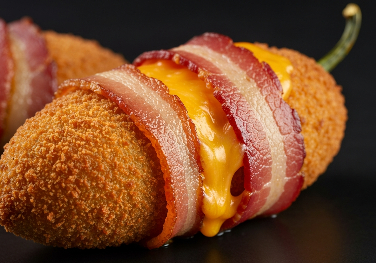 Close-up of crispy jalapeño popper pulled apart showing melted cheese filling
