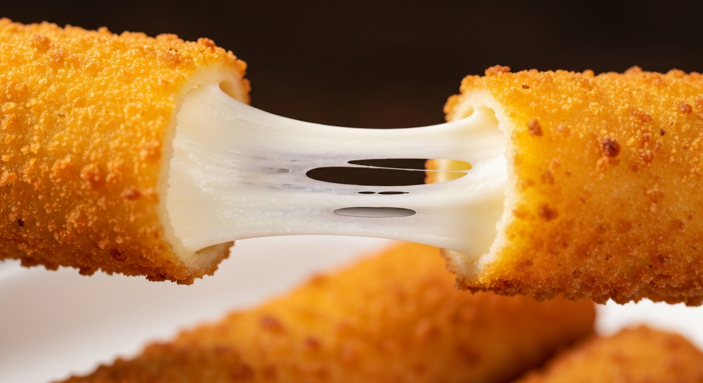 Close-up of mozzarella stick being pulled apart with long cheese stretch