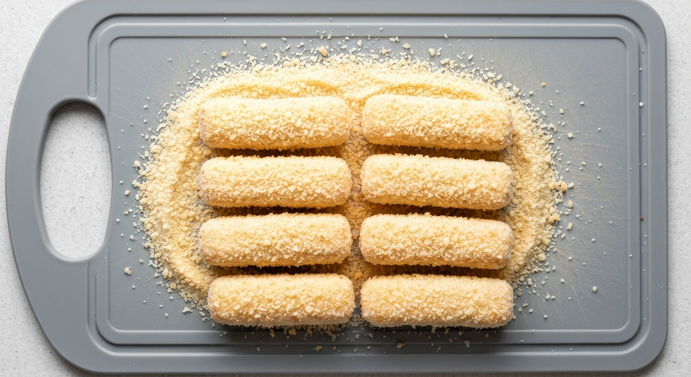 Mozzarella sticks being coated in breadcrumbs before frying
