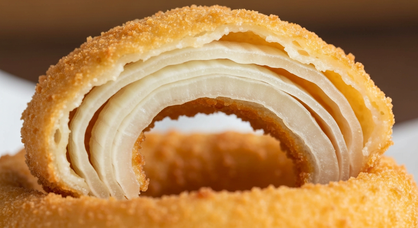 Close-up of beer battered onion ring showing airy crispy coating