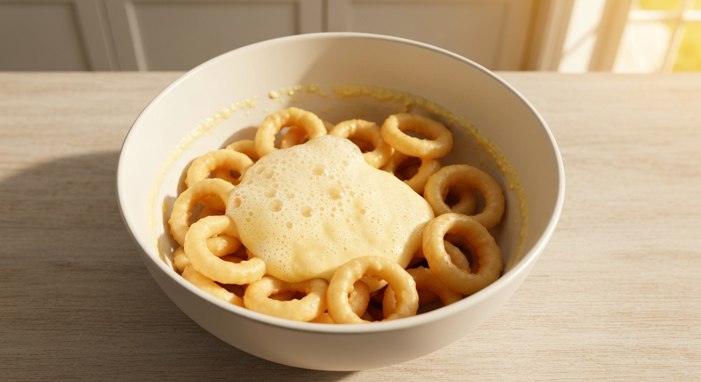 Onion rings being dipped into light beer batter