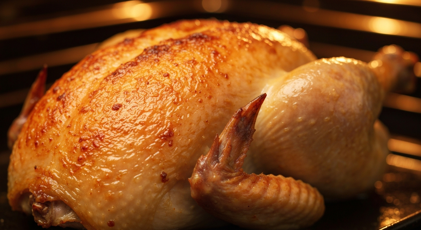 Close-up of oven-baked chicken crust showing golden crispiness