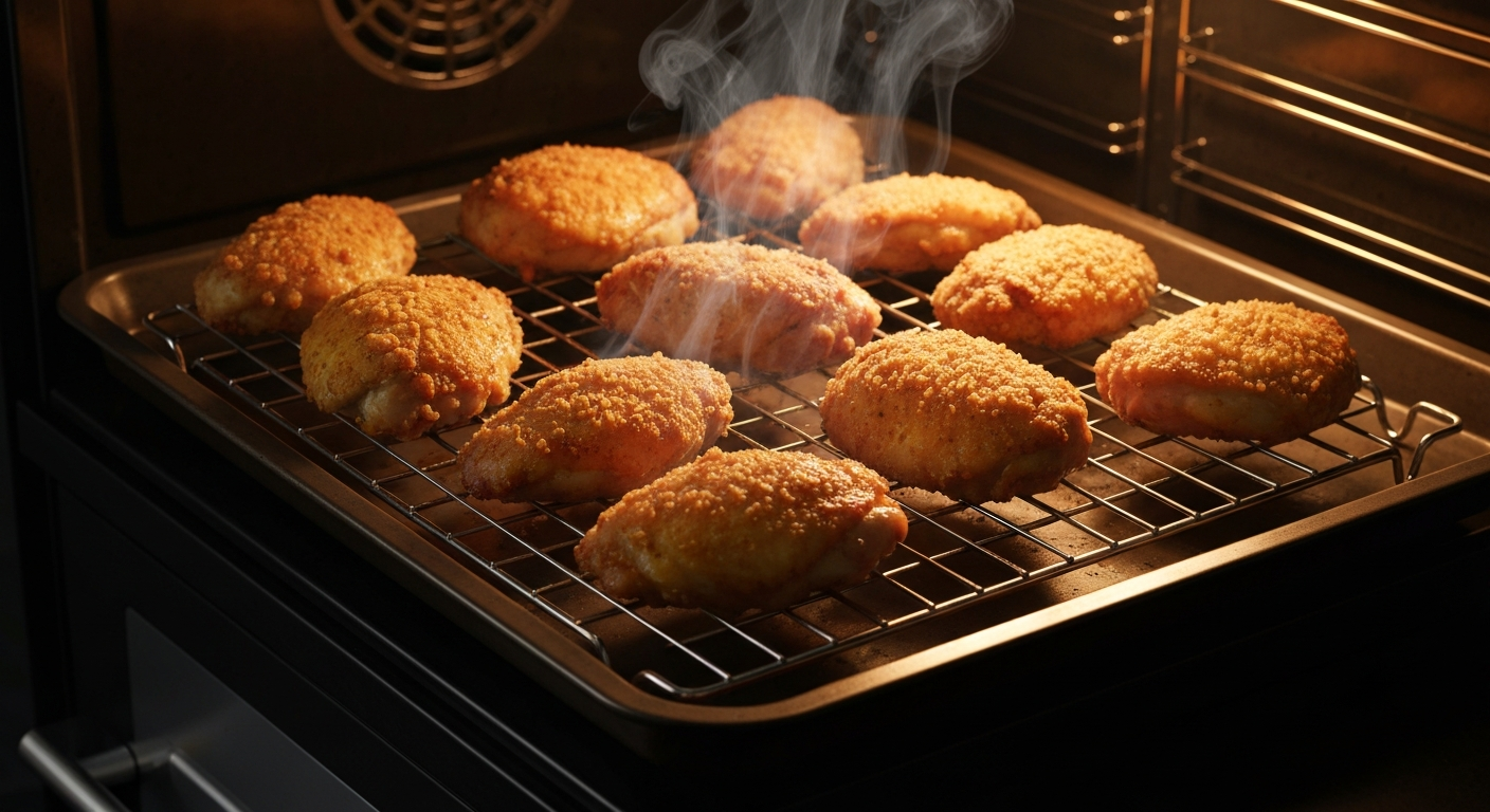 Crispy golden oven baked fried chicken on a wire rack in oven pan