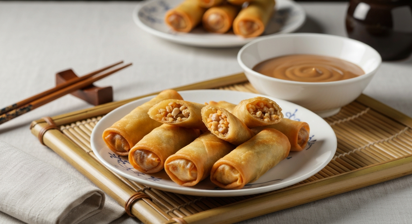 Crispy golden spring rolls with peanut dipping sauce