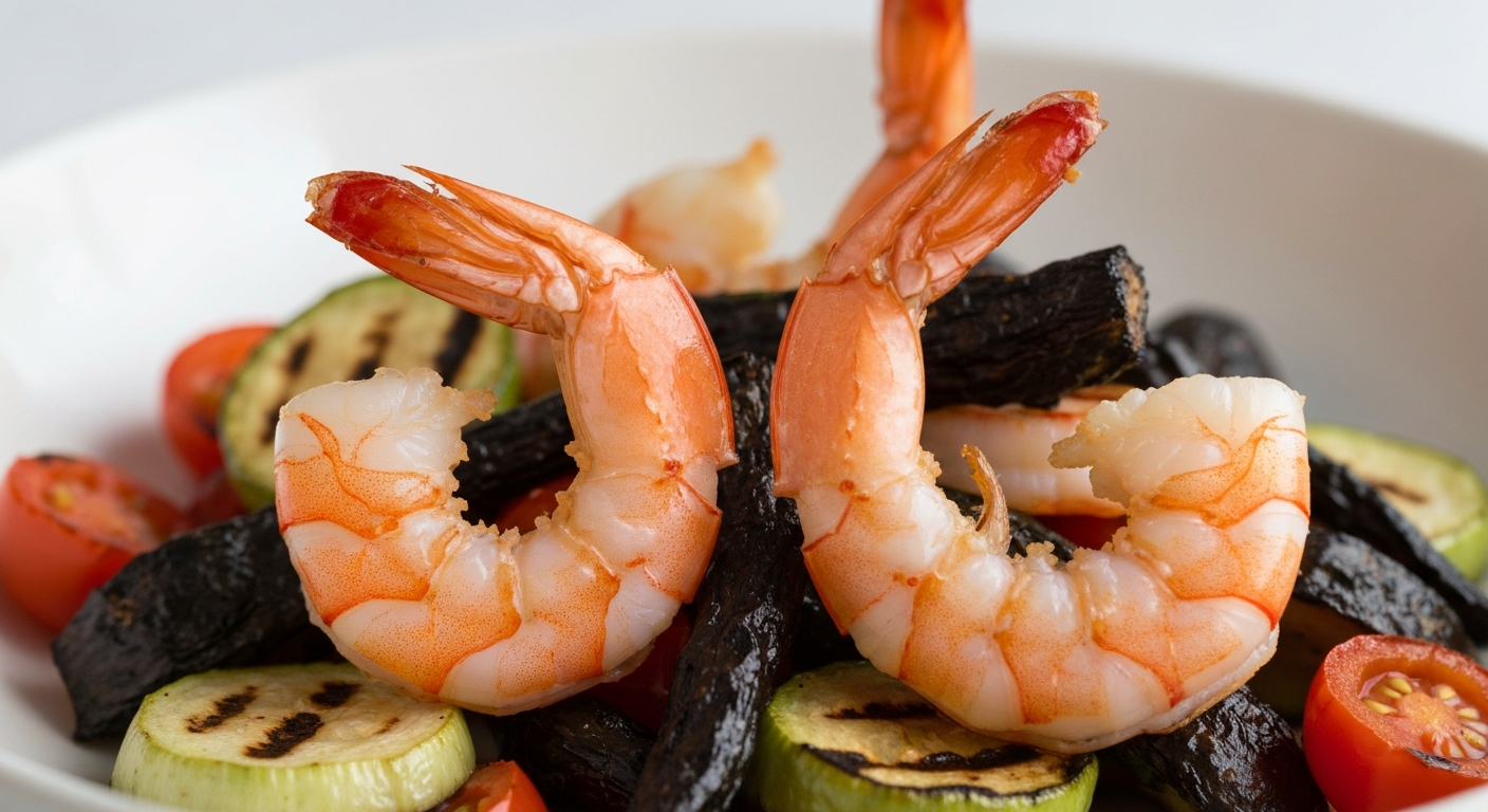 Close-up of crispy seasoned shrimp with roasted peppers