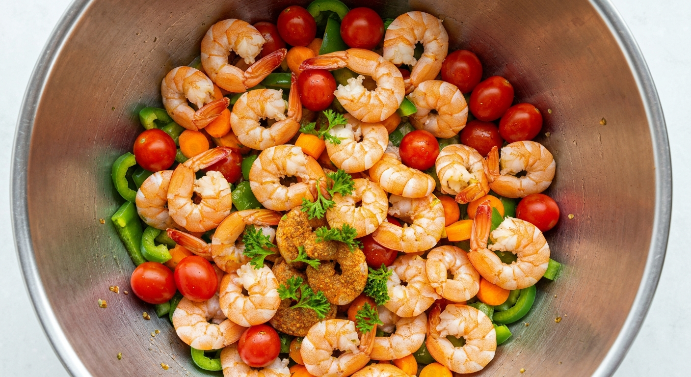 Shrimp and vegetables being tossed with seasoning