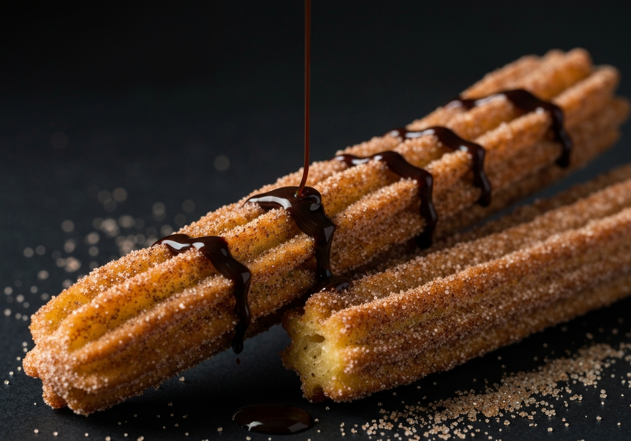 Close-up of crispy churro rolled in cinnamon sugar being dipped in chocolate sauce