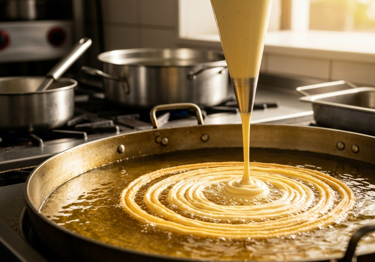 Churro batter being piped through a star tip directly into hot oil