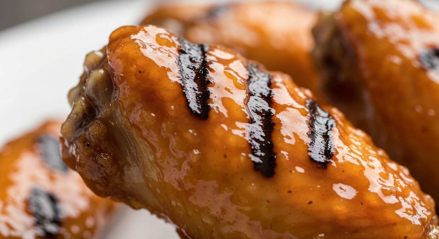 Close-up of shiny sticky honey garlic glazed wing