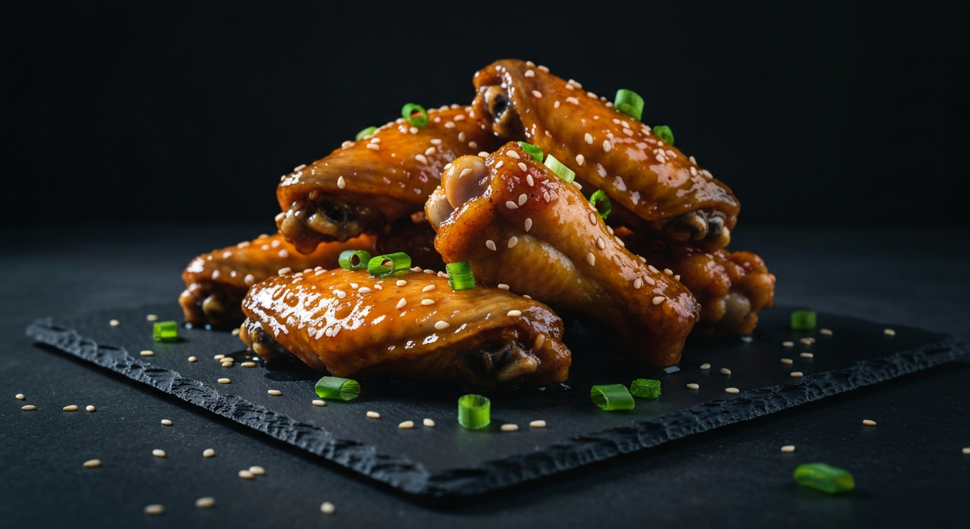 Sticky honey garlic air fryer wings piled on a plate