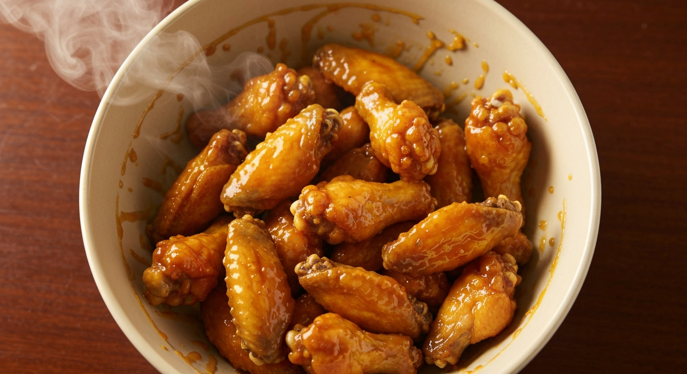 Wings being tossed in honey garlic sauce
