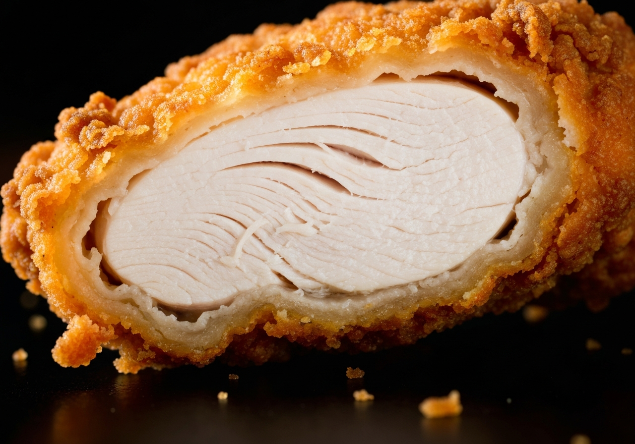 Close-up of extra crispy fried chicken showing the shatteringly crispy golden crust