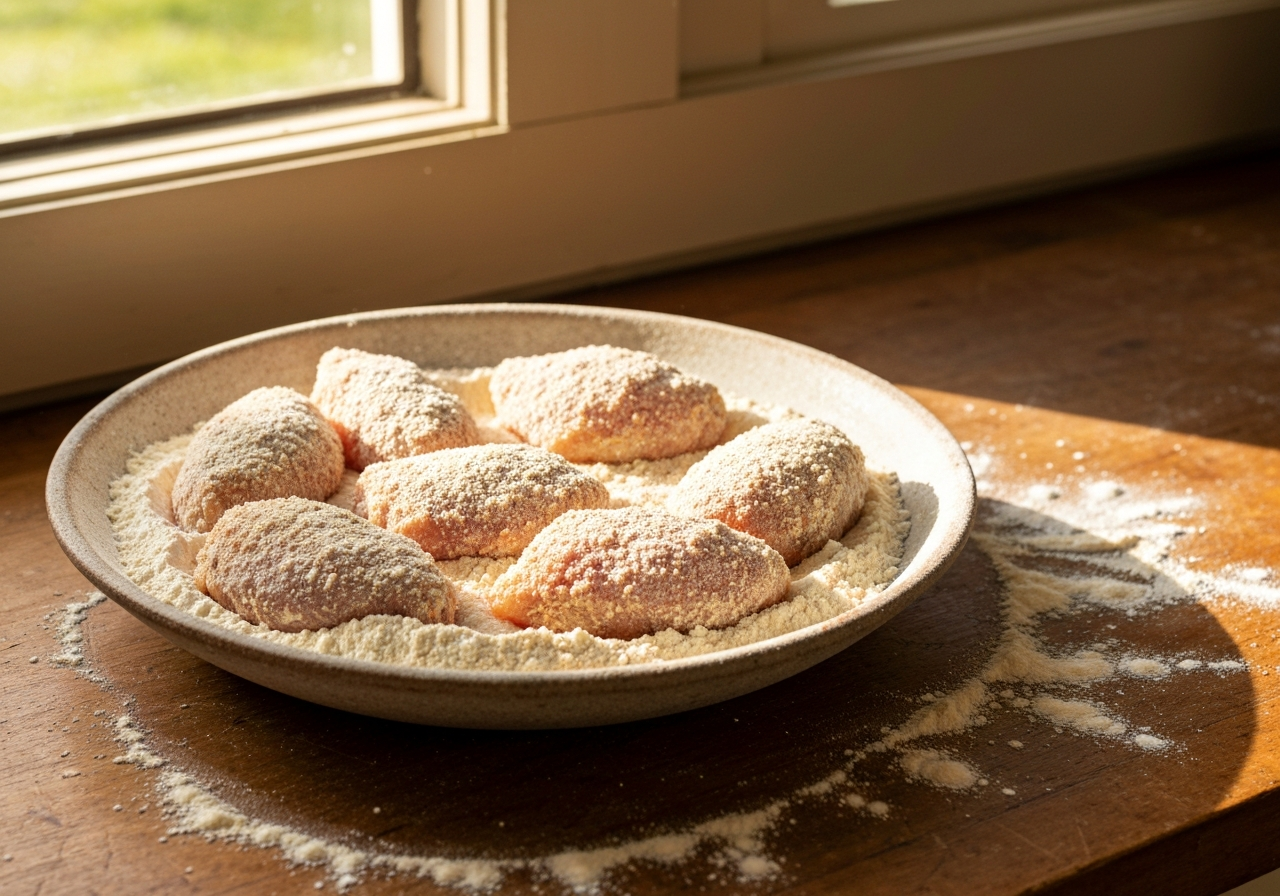 Chicken pieces being double-dredged in seasoned flour coating