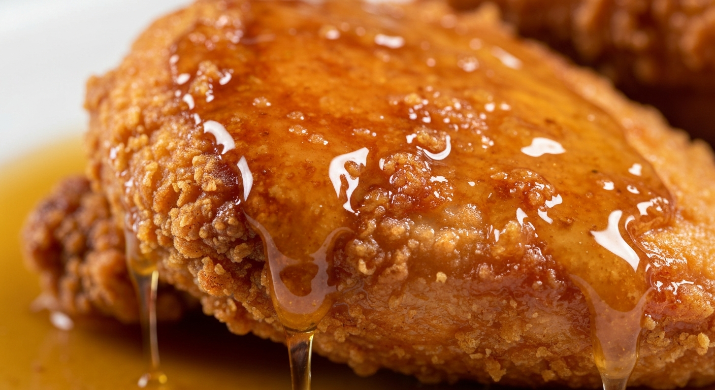 Close-up of crispy chicken with glossy honey butter coating