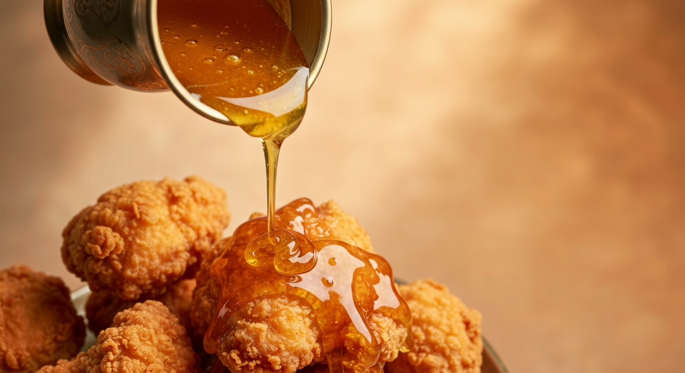 Warm honey butter sauce being drizzled over freshly fried chicken