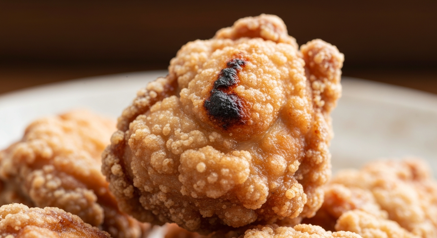 Close-up of crispy karaage chicken bite showing thin crust
